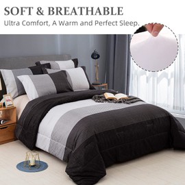 Black Comforter Set King, Reversible Black Striped Down Alternative Comforter for King Bed,3 Pieces (1 Comforter+2 Pillowcases), Soft Microfiber Bedding Duvet Set 104”×90"