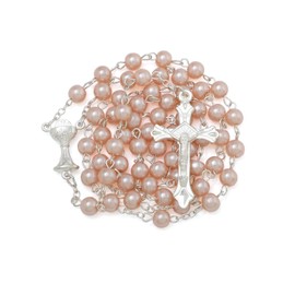 KOMI 6 MM Pink Glass Pearl Rosary Beads with Crucifix and Chalice Centerpieces Catholic Rosary Necklace for Women with Velvet Bag Confirmation Holy Communion Gifts