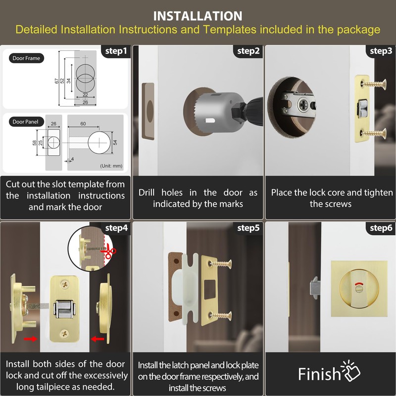 Malimali Pocket Door Lock, Brushed Gold Pocket Door Hardware Square