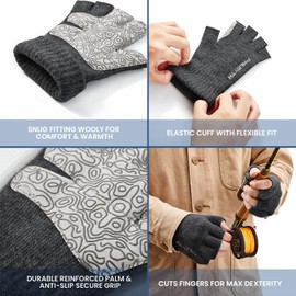 Palmyth Wool Fingerless Fishing Gloves - Warm for Men & Women: Cold Weather Fly Fishing, Ice Fishing, Photography & Hunting (Obsidian, S/M)