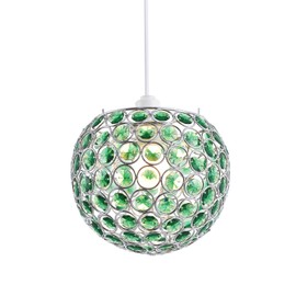 Modern Round Globe Easy Fit Pendant Shade with Small Forest Green Acrylic Bead Jewels | 18cm Diameter | 60w Maximum | Simple Installation by Happy Homewares