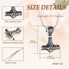 Minicremation Mjolnir Thor's Hammer Urn Necklace for Ashes for Men Celtic Nordic Viking Cremation Jewellery for Women Keepsake Memorial Ash Pendant, Stainless Steel, Diamond Zircon Amber