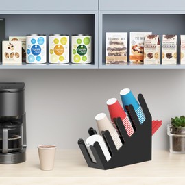 WINFFOR 4-Compartment Disposable Cup Holder - Cup and Lid Holder with Straw Organizer Black Acrylic Cup Dispenser with Coffee Pod Storage for Coffee Station Bar Countertop Restaurant Breakroom