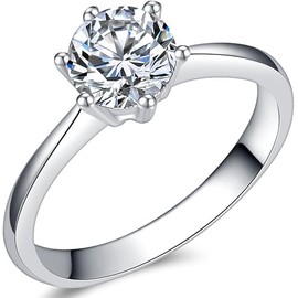 ShiKeWei White Gold Plated Adjustable Women's Ring - 1 Carat 6mm Round CZ Solitaire Engagement Ring with Six Prong Setting, Dainty Stackable Band for Daily & Special Occasions