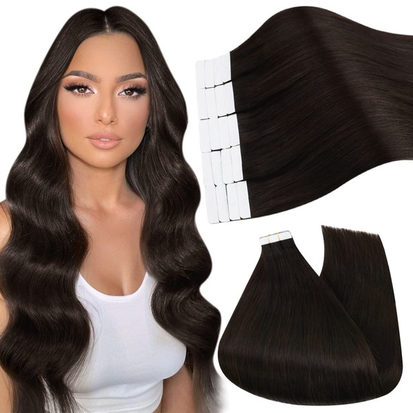 Ugeat Tape-In Real Hair Extensions, Remy 60 cm Long Hair Extensions, 20 Pieces, Tape-In Real Hair, 50 g, Colour 2 Darkest Brown, Tape Human Hair