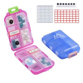 Paquete de 2 pastilleros de viaje para bolso, 10 compartimentos, portátil, pequeño y semanal para 7 días, organizador de pastillas, portátil, dispensador de pastillas para viajar (azul + rojo claro)