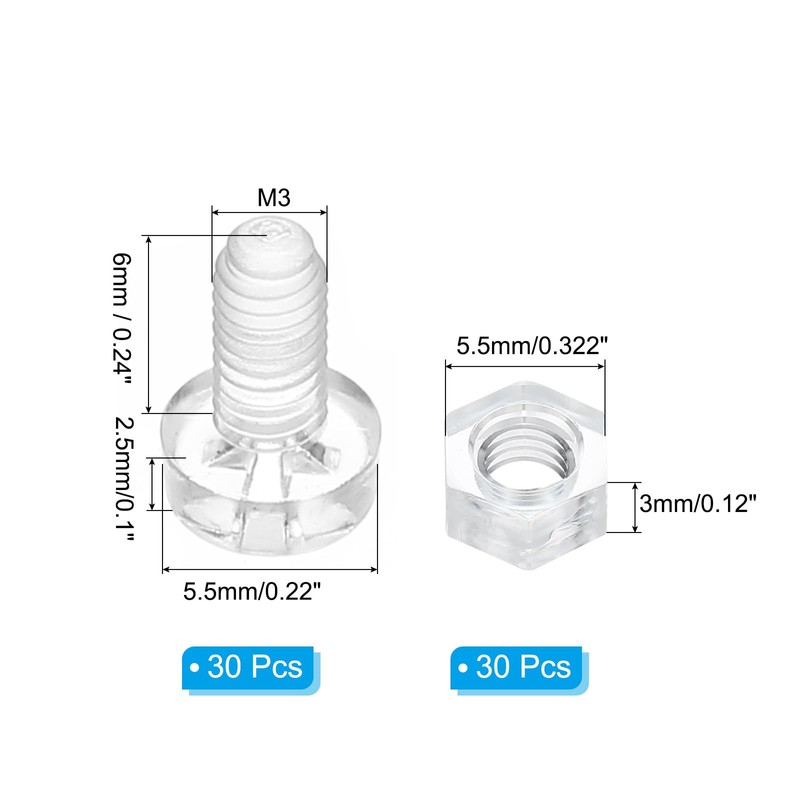PATIKIL M3x6mm Clear Acrylic Screw and Hex Nut Kit 30