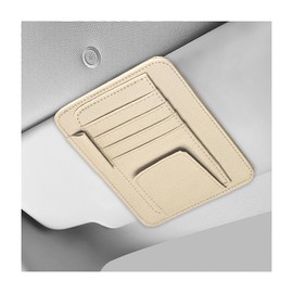 NYTKL Small Leather Car Sun Visor Organizer, Auto Visor Pouch Card Sleeve Pocket with Sunglasses Clip, Multifunctional Sunvisor Wallet Holder for Driving License Pen Tickets (Beige)