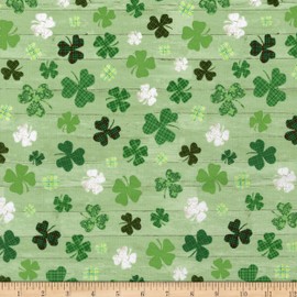 Henry Glass Hello Lucky Clover On Wood Grain Green, Fabric by The Yard