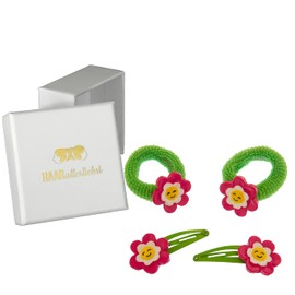 HAARallerliebst Hair Accessories Set (4 Pieces | Hand-Painted Flowers | Pink Green) for Girls with Storage Box (Box Colour: White)