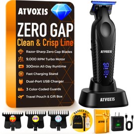 ATVOXIS Zero Gap 9,000 RPM Brushless Professional T Blade Trimmer for Men: Cordless Hair/Beard Clipper Edger Liner Outliner with LED Display 300min Runtime Fast Charging Stand Travel Pouch