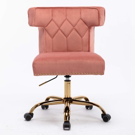 Recaceik Velvet Home Office Chair, Modern Adjustable Swivel Desk Chairs with High Back 360 Degree Castor Gold Wheels for Living Room/Bedroom/Office (Pink)