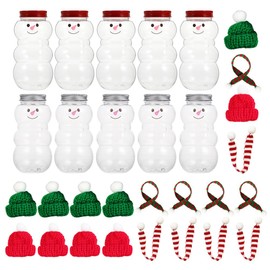 10 Sets Christmas Snowman Bottles with Hat and Scarf Lids, 500ml Reusable Empty Clear Xmas Juice Bottles for Milk Juicing Drinking Beverage Container