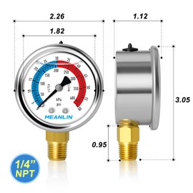 MEANLIN MEASURE 1/4" NPT 0-60psi,Pressure Gauges with 2-Inch Dial Glycerine Filled Pool Filter,304 Stainless Steel Housing,Lower Mount, with 1/4" x 1/2" NPT and 1/4" x 3/8" NPT Hex Bushing