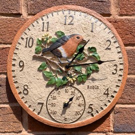 Garden Mile Robin-Design, 30 cm, Outdoor-Uhr und Thermometer für Garten, analoge Vogeluhr, Außenthermometer, runde Wanduhren für Garten, Küche, Wohnzimmer und Terrasse