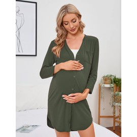 Clearlove Nightdress Women's Birth Nursing Nightdress 3/4 Sleeves Sleepwear Maternity Clothing V-Neck Sleepwear Striped Sleep Shirt with Breastfeeding Function (Reusable Packaging), F-Army Green, M,