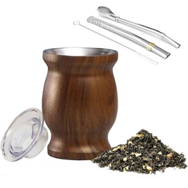Mate Tea Cup Stainless Steel Mate Tea Mate Gourde Set with Straw Cleaning Brush Easy to Clean Room Office Gift (Wood Grain)
