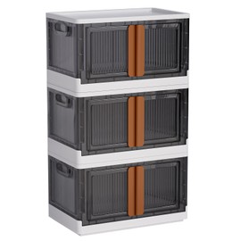 LCG 3-Tier Foldable Plastic Storage Bins with Lids and Doors, 57 Gallon (19 Gal x 3pack), Stackable Organizer Drawer