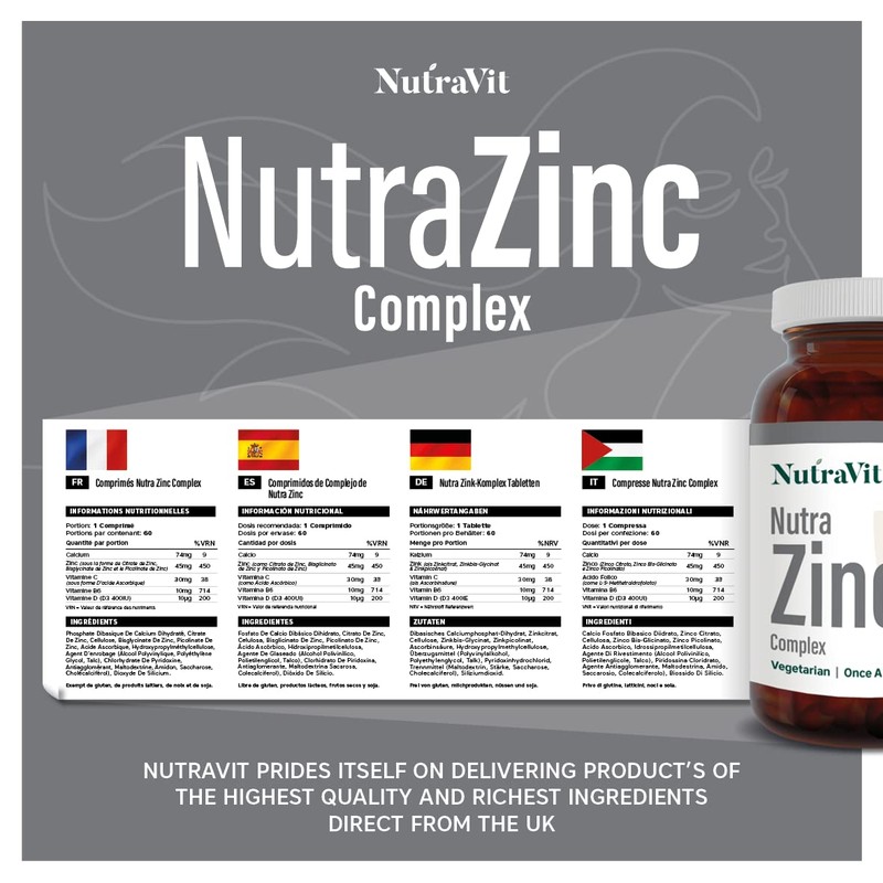 NUTRA ZINC Complex - 45mg Elemental Zinc| 60 Tablets| Contains