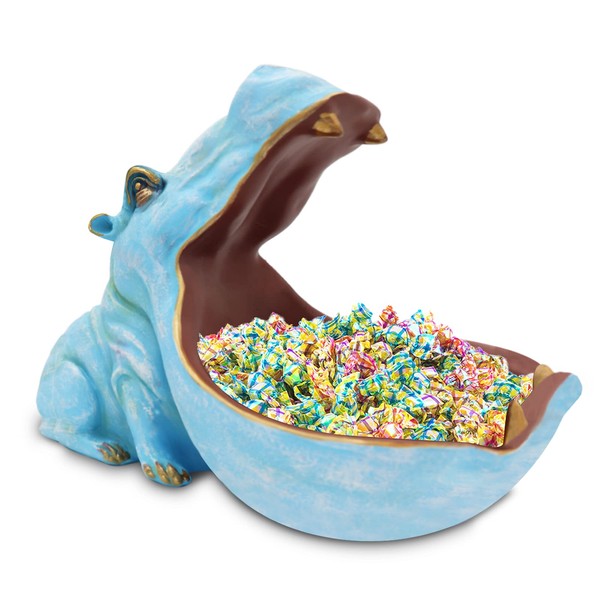 aboxoo Hippo Statue Home Resin Hippopotamus Figurine Fun Candy Dish,Key Bowl,Big Mouth Sculpture Table Art Decoration Sundries Container Storage Box (Light Blue)