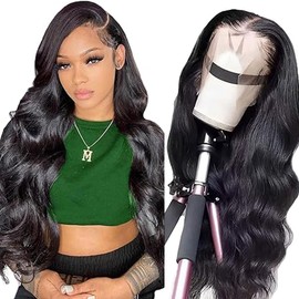Hxxcoup Human Hair Wig Body Wave Natural Black 13x4 Lace Front Echthaar Perücke Schwarz Perücke Damen Glueless Wear and Go Blenched Knots with Baby Hair for Woman No Smell 28 Zoll