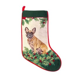 A Pets World Needlepoint Christmas Stocking, Tan French Bulldog Design