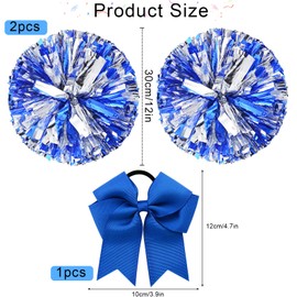 Pack of 3 Cheerleader Pompoms, Cheerleader Pompoms, Blue, Sports Pompoms, Cheers Ball Pompoms, 2 Pompoms + Hair Band, Metallic Foil Pom Poms Dance Pom for Dance Party, Sports, Competition, Team Ghost