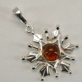 Amber America Natural Cognac / Brown BALTIC AMBER Snowflake Pendant 925 STERLING SILVER #48