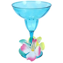 CABE Margarita Glasses With Hibiscus Flowers 15.9 oz Blue Plastic Luau Glass Set of 4 Summer Fun Party Drink (bundle KC Tingamajig)