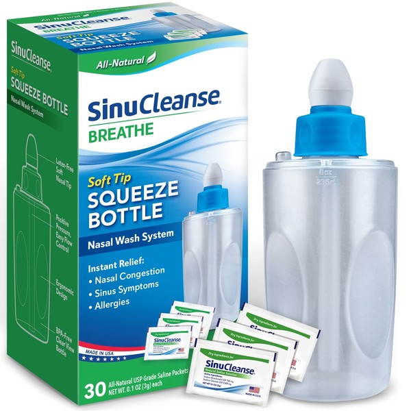 SinuCleanse Soft Tip Squeeze Bottle Nasal Wash Irrigation System, Relieves Nasal Congestion & Irritation from Cold & Flu, Dry Air, Allergies, Includes 30 All-Natural, Pre-Mixed Buffered Saline Packets