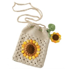 HIPIHOM Handmade Sunflower Crochet Bag Knitted Shoulder Phone Bag Crossbody Bag Beach Women Messenger Shoulder Bags Girls Woven Purse (Beige)
