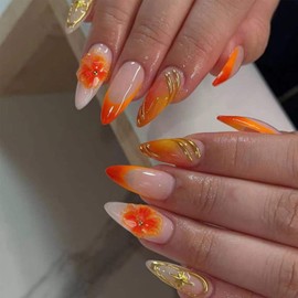 Orange French Tip Press on Nails Medium Almond LRKNNO 3D Flower Fake Nails Chrome Gold Line Designs Glossy Glue on Nails Reusable Full Cover Acrylic Nails Artificial Stick on Nails for Women Manicure
