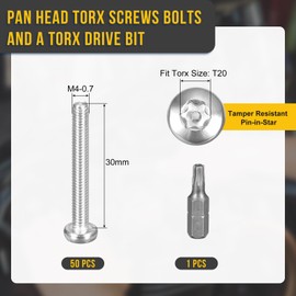 DTGN M4x30mm Pan Head Torx Security Screws - 50Pack - Good for Machinery - 304 Stainless Steel Tamper Proof Torx Security Fastener - Silver Tone
