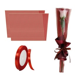 Axvxby Pack of 50 Single Rose Sleeves and a Roll of Red Bow, Rose Packaging Bags, Waterproof Single Flower Packaging Bags with Ribbons (Red & 50 Pieces)
