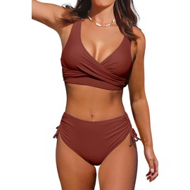Beachsissi Women's Cross Back Swimsuits Leopard Twist Front Swimwear Drawstring Side Bikini Sets, Plum red, l