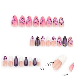 BQZQPAMZ 24Pcs Flower French Tip Press on Nails Purple Floral Medium Length Acrylic fake Nails Full Coverage Stick on Nails Artificial Fingernails for Women Spring Daily Manicure Supplies With Glue