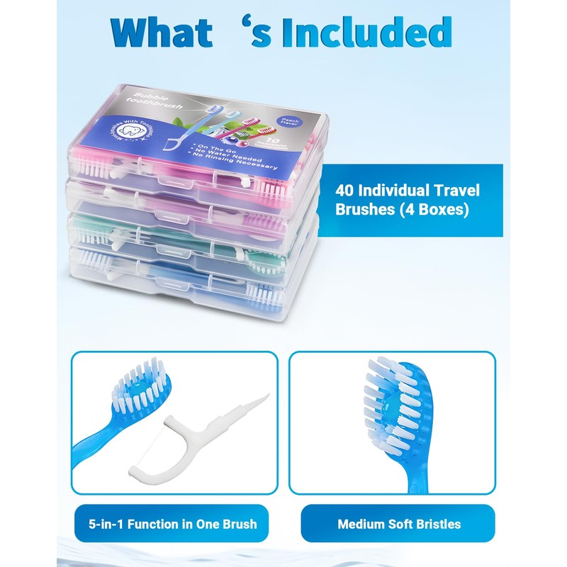 40 Pack Mini Disposable Toothbrushes - 5-in-1 Travel Toothbrush Set