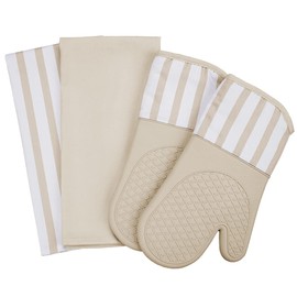 Oven Mitts Heat-Resistant – Silicone Oven Mitts and Kitchen Towels Set – Non-Slip Kitchen Mitts for Hot Pans and Pots, Cooking, Baking – Heat-Resistant Oven Gloves for Cooking with Cotton Lining