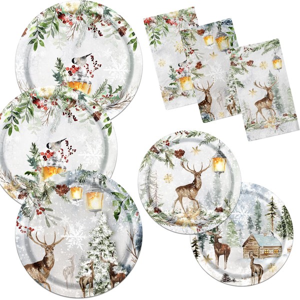 Guzbewu Winter Paper Plates And Napkins Sets,Winter Deer Decor Tableware