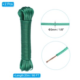 PATIKIL Plastic Coated Clothesline, 2 Pack 1/8 Inch x 66 FT Extra Strong Steel Core Clothes Lines Wire for Drying Clothes, Outside Hanging, Green