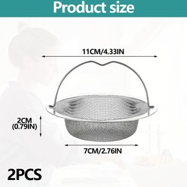2 Pack Kitchen Sink Strainer, Drain Strainers Stainless Steel Sink for Kitchen Large Sink Sieve with Lift-up Handle Dia 7.5cm Anti Clogging Drain Strainer Sink Food Catcher Basket Outer Rim 11cm