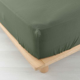 douceur d'intérieur, Fitted Sheet (140 x 190 cm) Angelia Khaki, Cotton Gauze