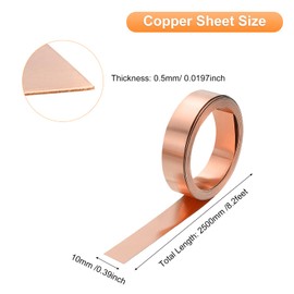 uxcell 3/8 Inch Copper Flashing Sheet Roll, 24 Gauge 8.2ft 99.9% Pure Copper Strip Metal Foil Plate for Electricity DIY Projects, 2500mm x 10mm x 0.5mm