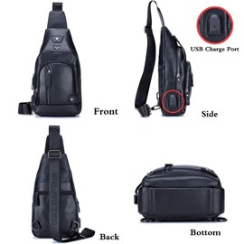 KPYWZER Genuine Leather Sling Backpack with USB Charging Port Chest Bag Outdoor Hiking Travel Daypack Black