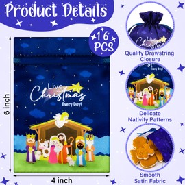 Blosssound 16 Pcs Christmas Religious Gift Bags Nativity Drawstring Bags 4 x 6 in Mini Xmas Satin Party Favor Bag Christian Nativity Scene Goodie Bag Jesus Treat Bags for Winter Holiday Party Supplies