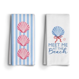 Coastal Preppy Beach Seashell Kitchen Dish Towels Dishcloth 16x24 Inches, Pink and Blue Ocean Beach Seashell Decorative Hand Tea Bathroom Towels, Coastal Kitchen Bathroom Decor, Set of 2