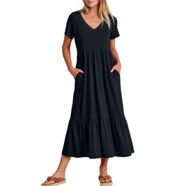 ANRABESS Women's Summer Casual Short Sleeve T Shirts Maxi Dress Flowy V Neck Tiered Beach Vacation Sundress 2025 Outfits Navy Blue Large