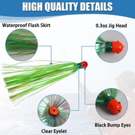 Mylar Teaser Tail Fishing Teasers Lure 0.3oz Jig Head Saltwater Teaser Fishing Lures Green Mylar Flash Trolling Skirts Lures Bucktail Teasers for Ballyhoo Wahoo Kingfish Sea Bass