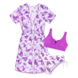 FoWear - Traje de baño de 3 piezas para niñas, traje de baño de secado rápido, protección solar, talla 7-16 años, Púrpura, 9-10 Años