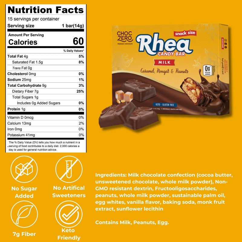 ChocZero Milk Chocolate Peanut & Caramel Nougat Candy Bar, Zero